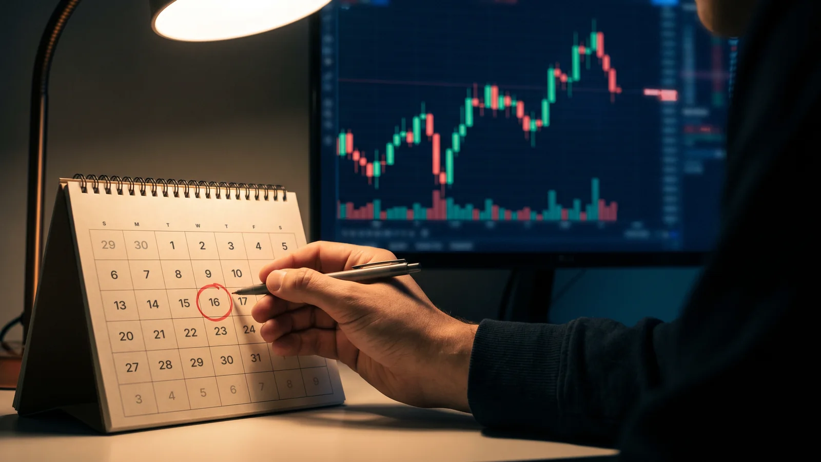 A close view of a hand pointing a pen at a desk calendar under a lamp at night. One date is circled in red. Behind it, a monitor shows a candlestick chart that rises and then turns down.