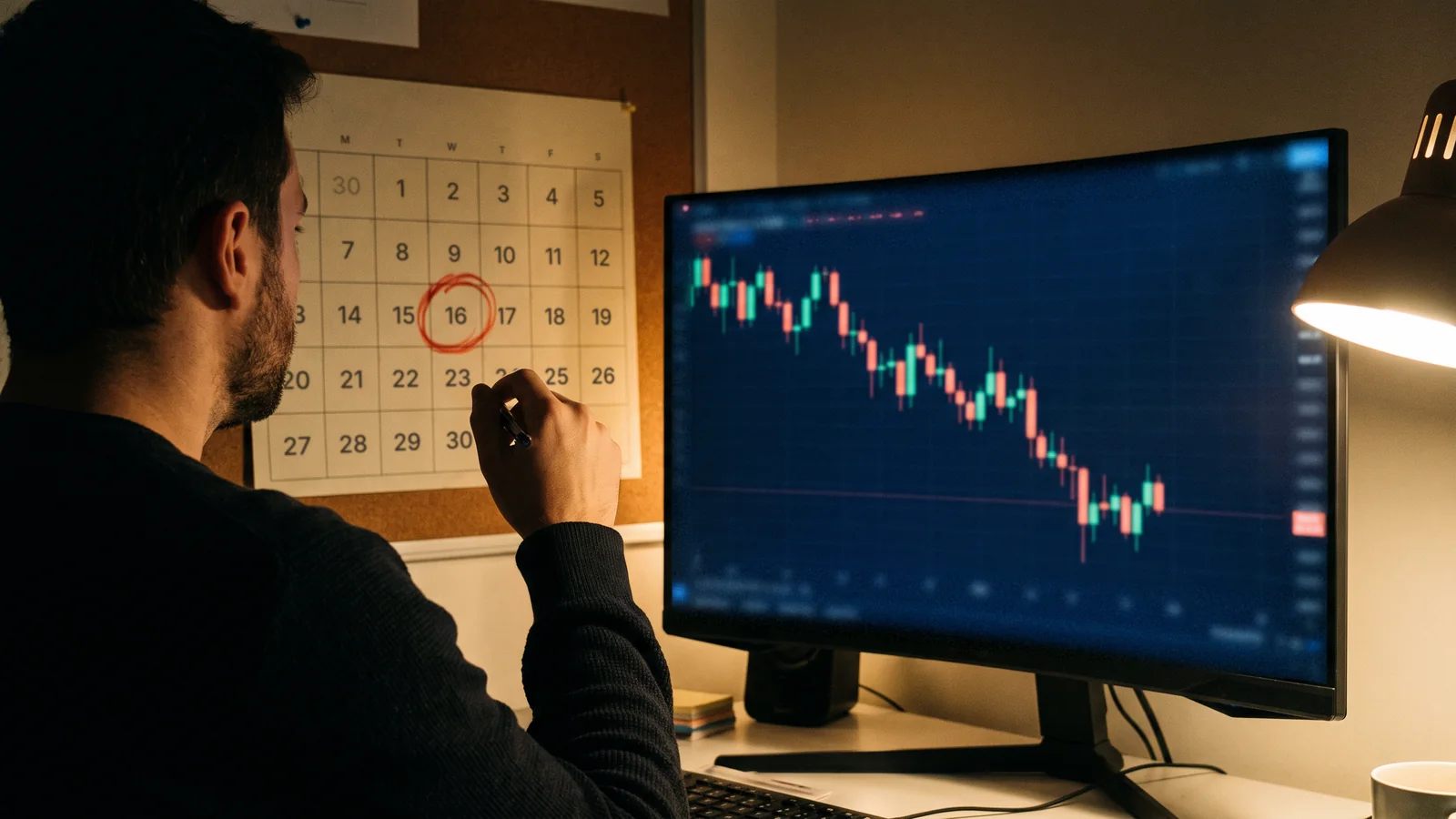 A man at a home desk at night, seen from behind, looks at a printed monthly calendar pinned to a corkboard and raises a pen. One date is circled in red. On the monitor beside it, a candlestick chart drifts lower.