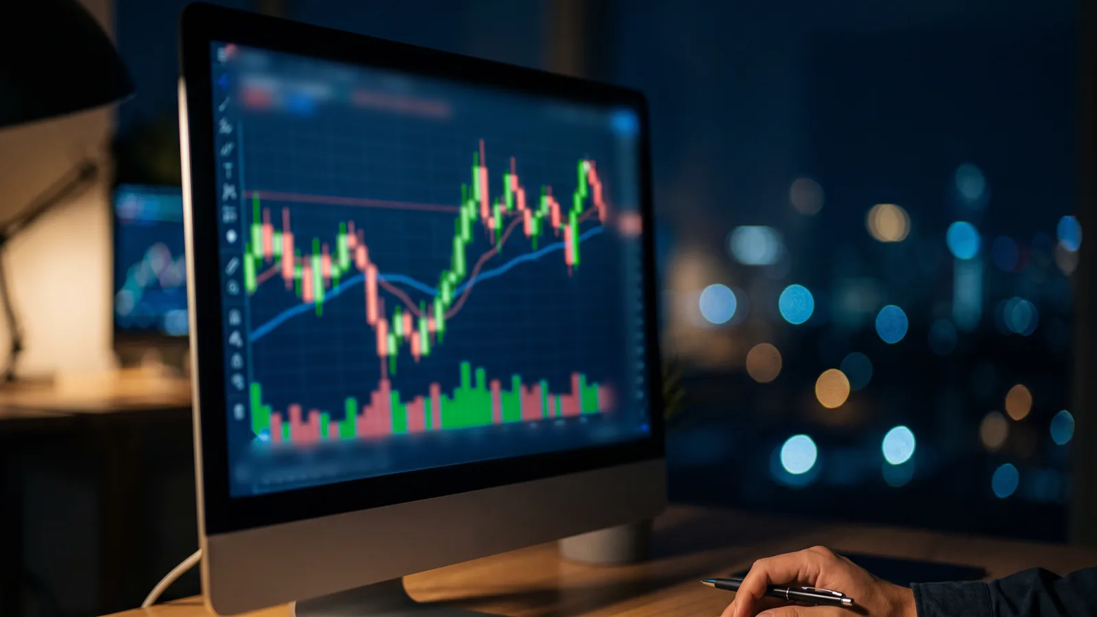 A close-up of a monitor showing a candlestick chart that sells off, then climbs back above the level it broke, with a moving average line under it.