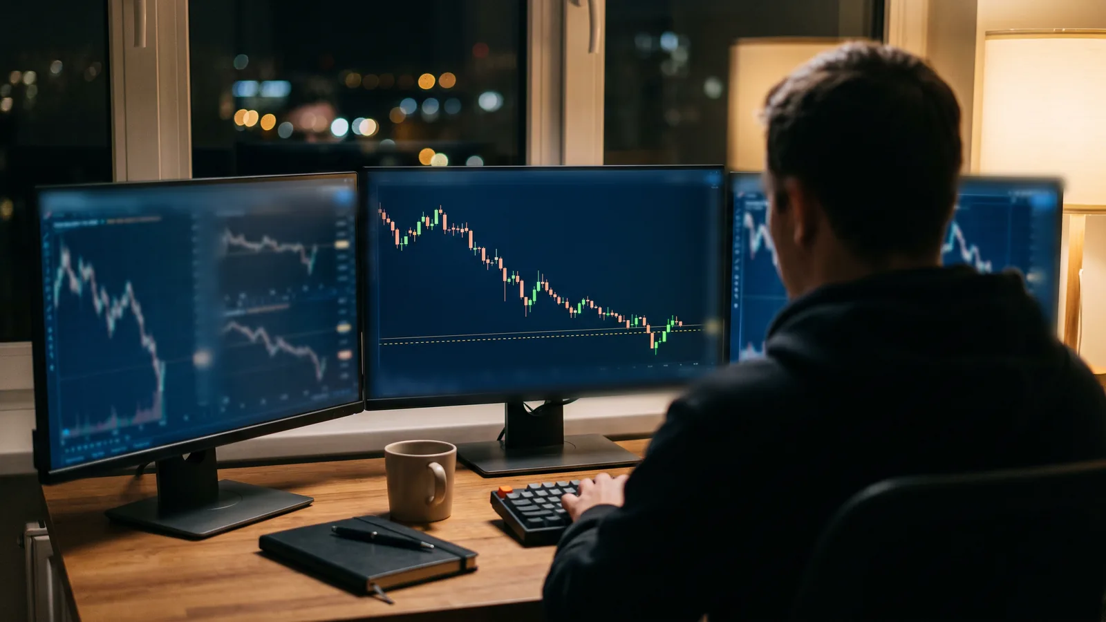 A trader at a desk at night, seen from behind, facing three monitors. The center screen shows a stock chart in a long decline that has come down to a gold dashed level, with a few small green candles at the end.