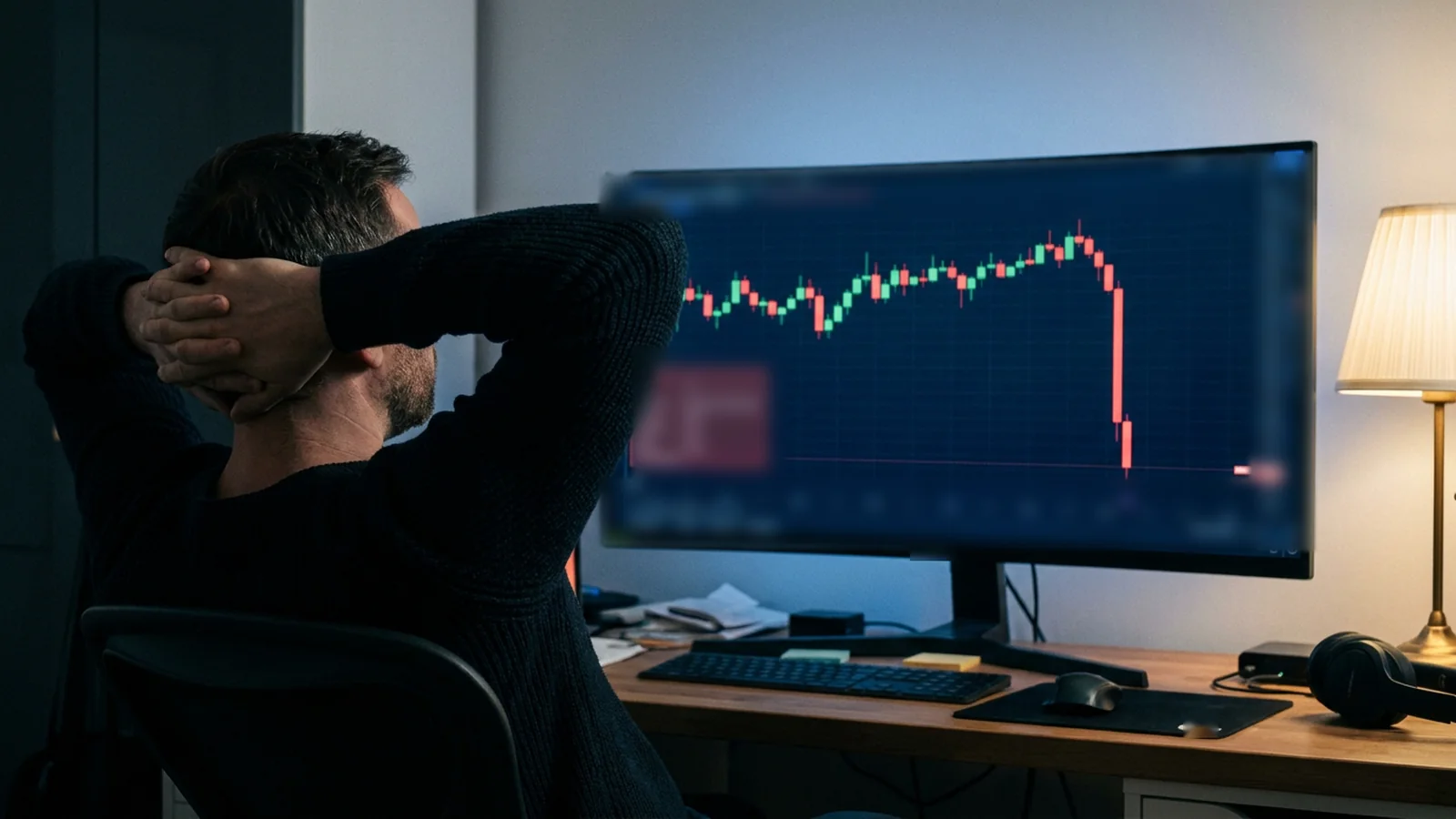 A man at a home desk at night, seen from behind his shoulder, leaning back with both hands on his head. On the large monitor in front of him a stock chart has dropped sharply after a long, calm sideways stretch.