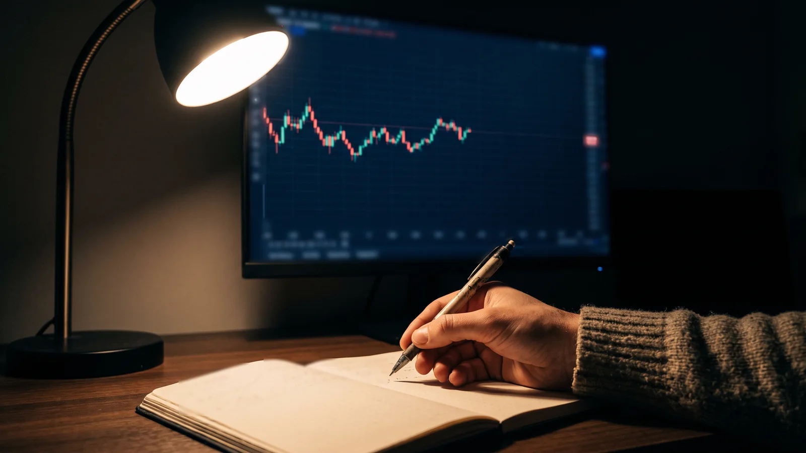 A close view of a hand holding a pen over an open notebook under a desk lamp at night. Behind it, out of focus, a monitor shows a quiet sideways candlestick chart with empty space on its right side.