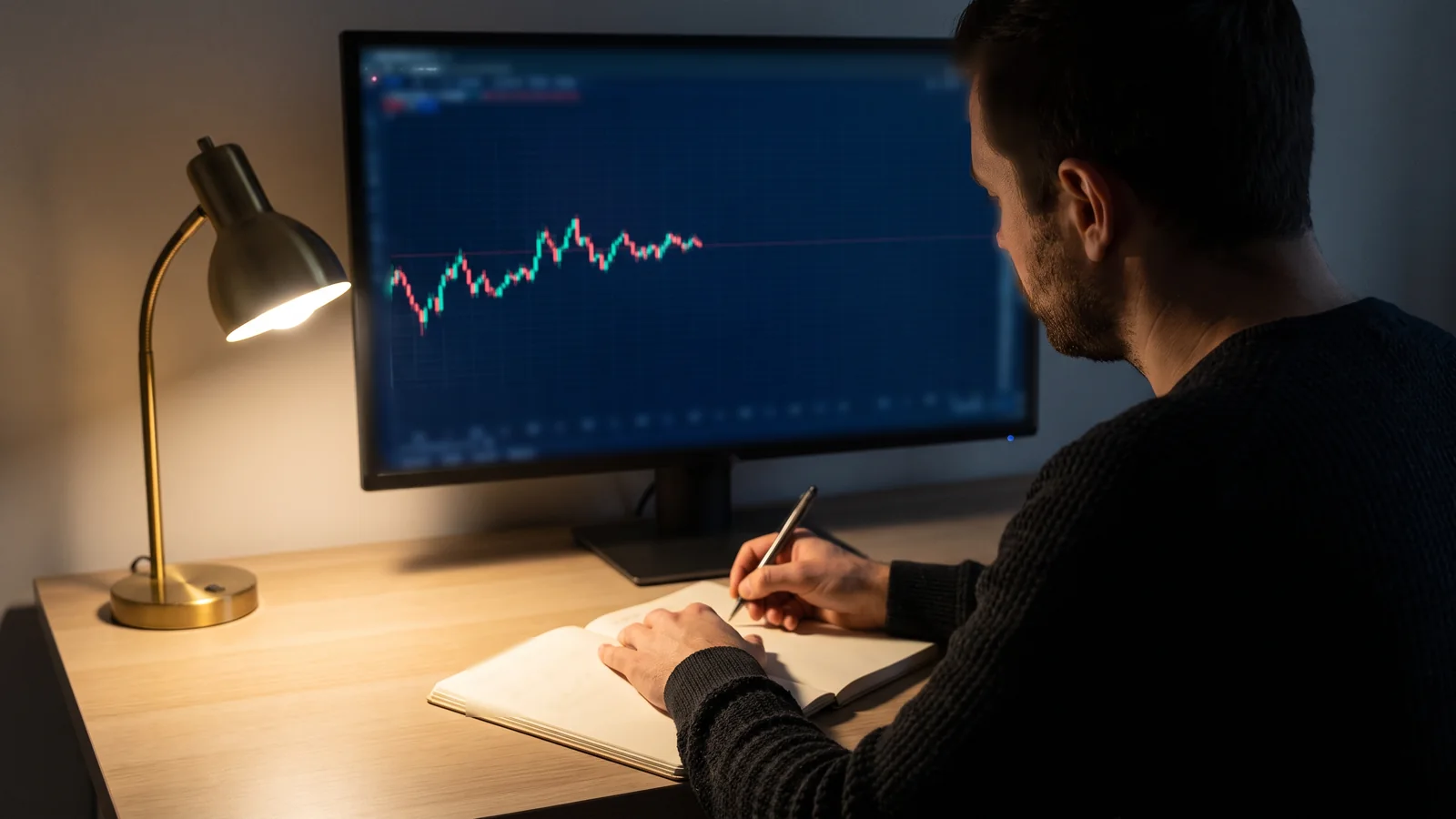 A man at a home desk in the evening, seen from behind his right shoulder, writing in a paper notebook under a desk lamp. On the monitor in front of him a candlestick chart moves sideways, with a wide empty area to the right of the last candle.